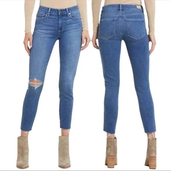 PAIGE Denim - Paige Verdugo Crop Distressed Skinny Jeans - Mid-Rise with Raw Hem Size 29